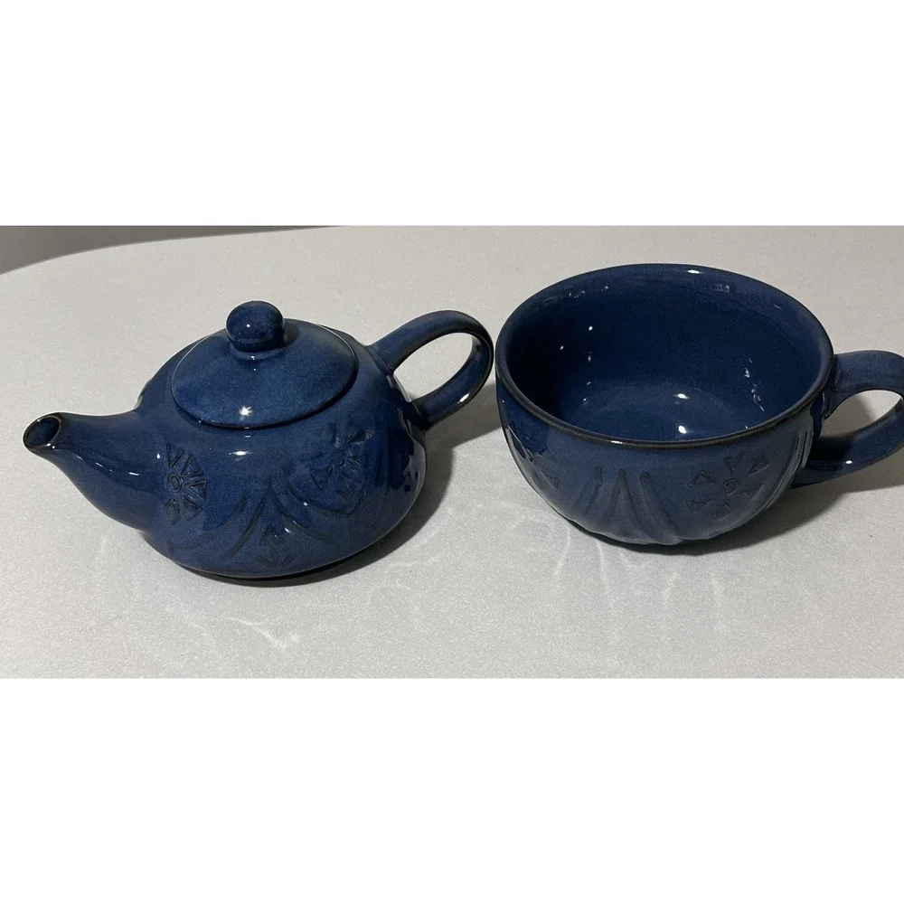 Pier 1 Blue Glazed Stoneware Teapot for One Set Cup w Lid Embossed Floral Boho